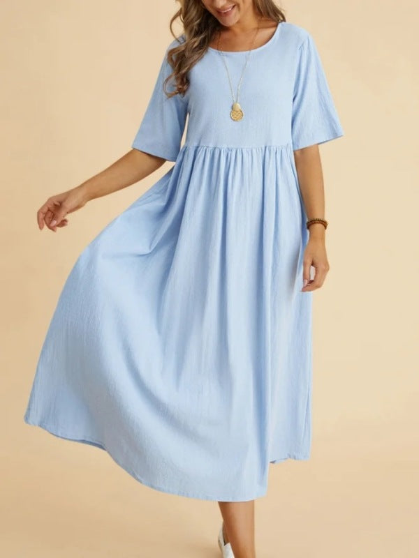 Midi Dresses- Solid A-Line Dress - Pleated Skirt with High Waist- Blue- Pekosa Women Clothing