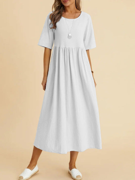 Midi Dresses- Solid A-Line Dress - Pleated Skirt with High Waist- White- Pekosa Women Clothing