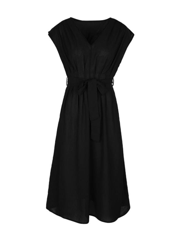 Midi Dresses- Solid A-Line Dressy Pleated Belted Tea Dress with Handy Pockets- - Chuzko Women Clothing