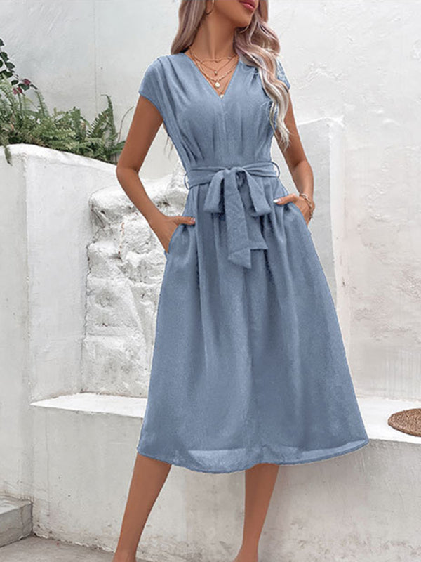 Midi Dresses- Solid A-Line Dressy Pleated Belted Tea Dress with Handy Pockets- - Chuzko Women Clothing