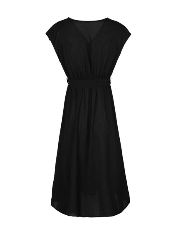 Midi Dresses- Solid A-Line Dressy Pleated Belted Tea Dress with Handy Pockets- - Chuzko Women Clothing