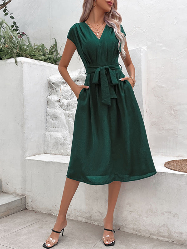 Midi Dresses- Solid A-Line Dressy Pleated Belted Tea Dress with Handy Pockets- - Chuzko Women Clothing