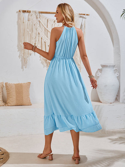 Solid A-Line Halter Dress with Gathered Waist and Ruffle Hem