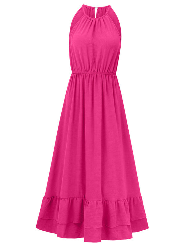 Solid A-Line Halter Dress with Gathered Waist and Ruffle Hem