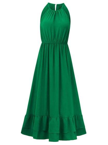 Solid A-Line Halter Dress with Gathered Waist and Ruffle Hem