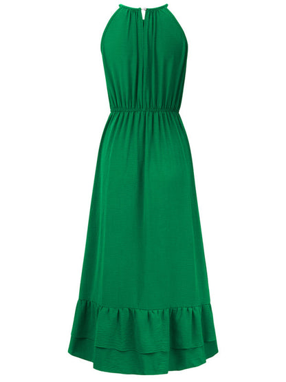 Solid A-Line Halter Dress with Gathered Waist and Ruffle Hem