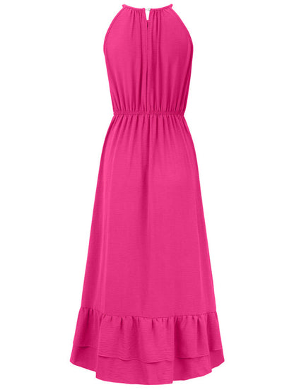 Solid A-Line Halter Dress with Gathered Waist and Ruffle Hem