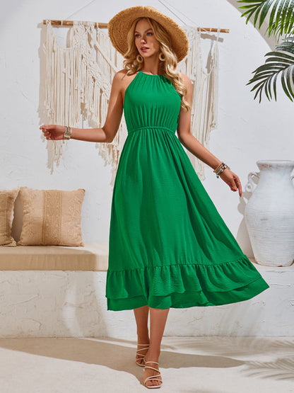 Solid A-Line Halter Dress with Gathered Waist and Ruffle Hem