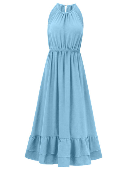 Solid A-Line Halter Dress with Gathered Waist and Ruffle Hem