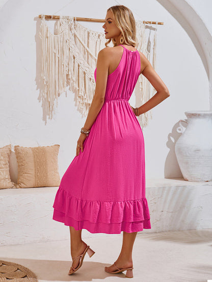 Solid A-Line Halter Dress with Gathered Waist and Ruffle Hem