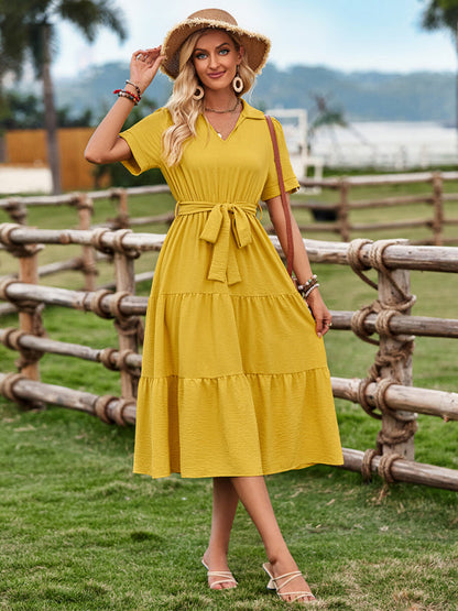 Midi Dresses- Solid A-Line Tiered Belted Collared Midi Dress- Yellow- Pekosa Women Fashion