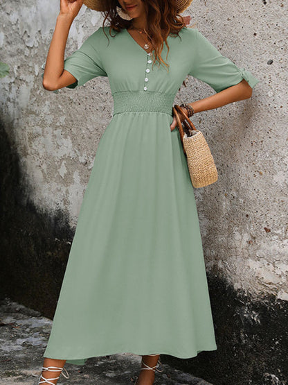 Midi Dresses- Solid A-Line V-Neck Midi Dress with Smocked Waist- Mint Green- Pekosa Women Fashion