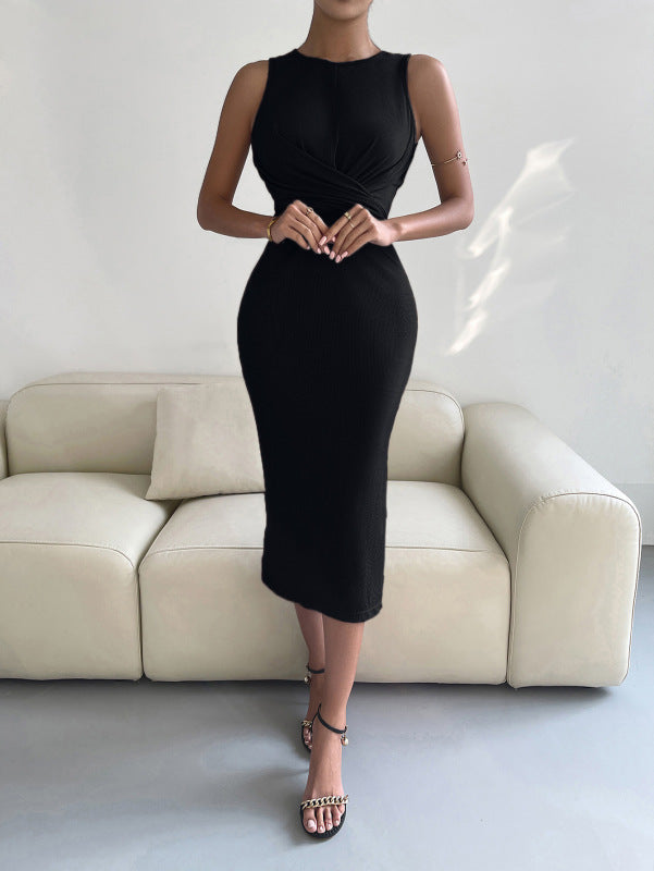 Midi Dresses- Solid Bodycon Twisted Slit Midi Dress- - Pekosa Women Fashion