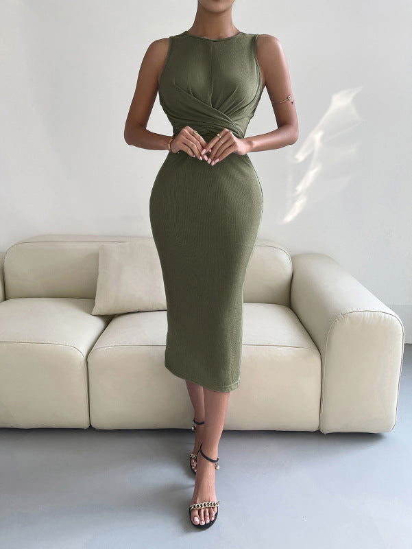 Midi Dresses- Solid Bodycon Twisted Slit Midi Dress- Green- Pekosa Women Fashion