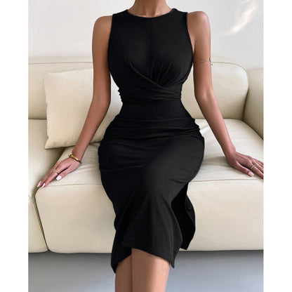 Midi Dresses- Solid Bodycon Twisted Slit Midi Dress- Black- Pekosa Women Fashion