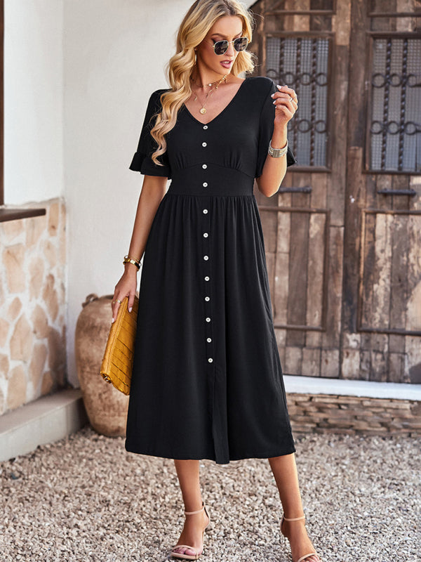 Midi Dresses- Solid Button Down A-Line Midi Dress with Smocked Waist- - Pekosa Women Clothing