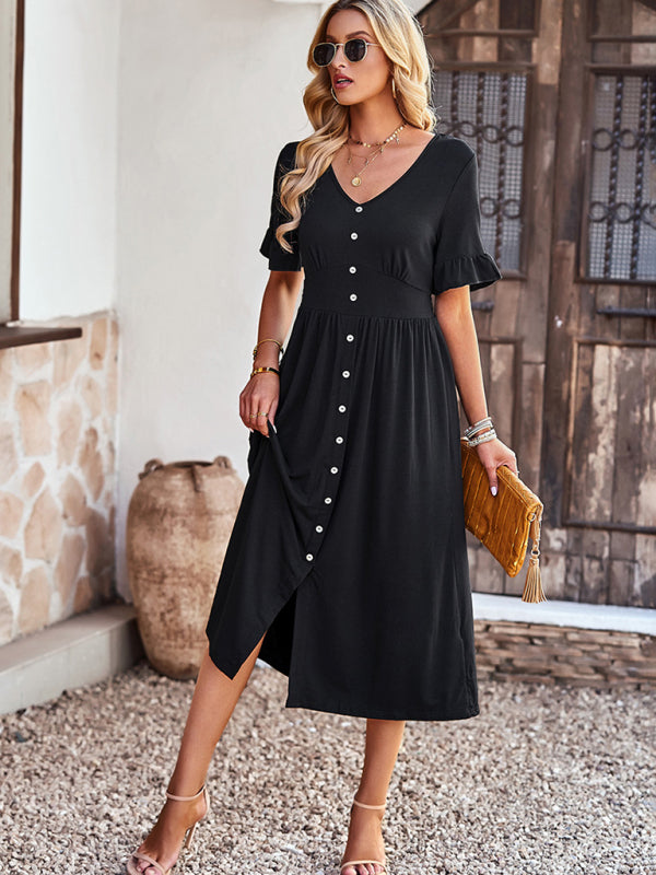 Midi Dresses- Solid Button Down A-Line Midi Dress with Smocked Waist- - Pekosa Women Clothing