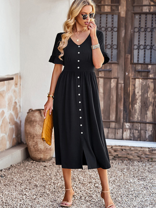 Midi Dresses- Solid Button Down A-Line Midi Dress with Smocked Waist- - Pekosa Women Clothing