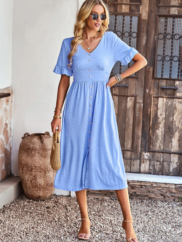 Midi Dresses- Solid Button Down A-Line Midi Dress with Smocked Waist- - Pekosa Women Clothing
