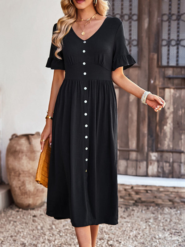 Midi Dresses- Solid Button Down A-Line Midi Dress with Smocked Waist- Black- Pekosa Women Clothing