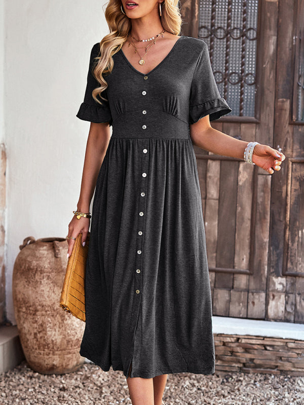 Midi Dresses- Solid Button Down A-Line Midi Dress with Smocked Waist- Charcoal grey- Pekosa Women Clothing