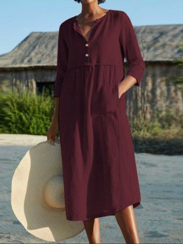 Midi Dresses- Solid Cotton-Linen Relaxed Straight Midi Dress- Wine Red- Pekosa Women Clothing
