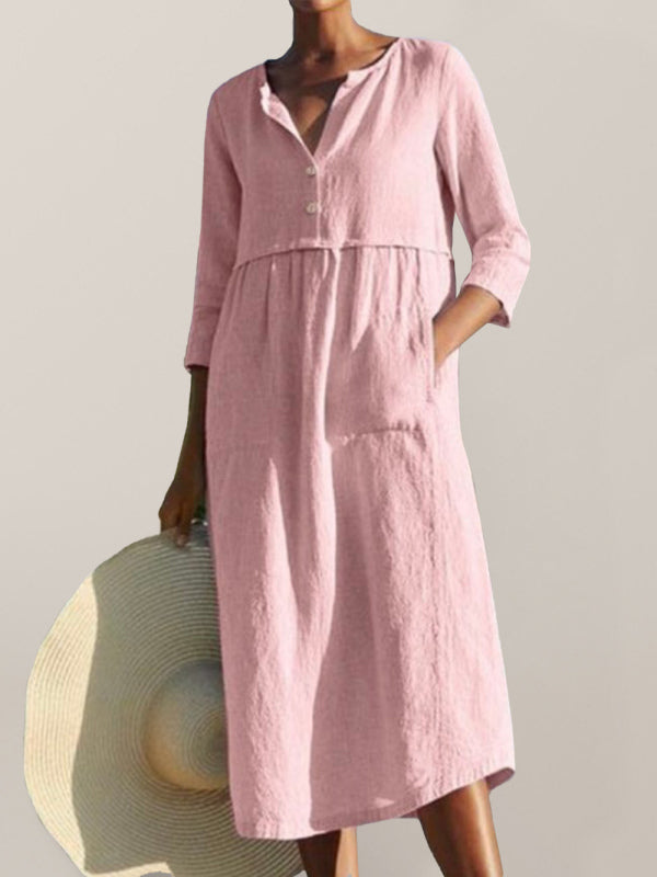Midi Dresses- Solid Cotton-Linen Relaxed Straight Midi Dress- Pink- Pekosa Women Clothing