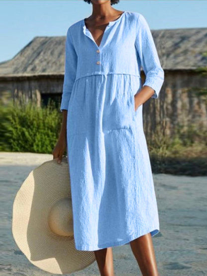 Midi Dresses- Solid Cotton-Linen Relaxed Straight Midi Dress- Clear blue- Pekosa Women Clothing