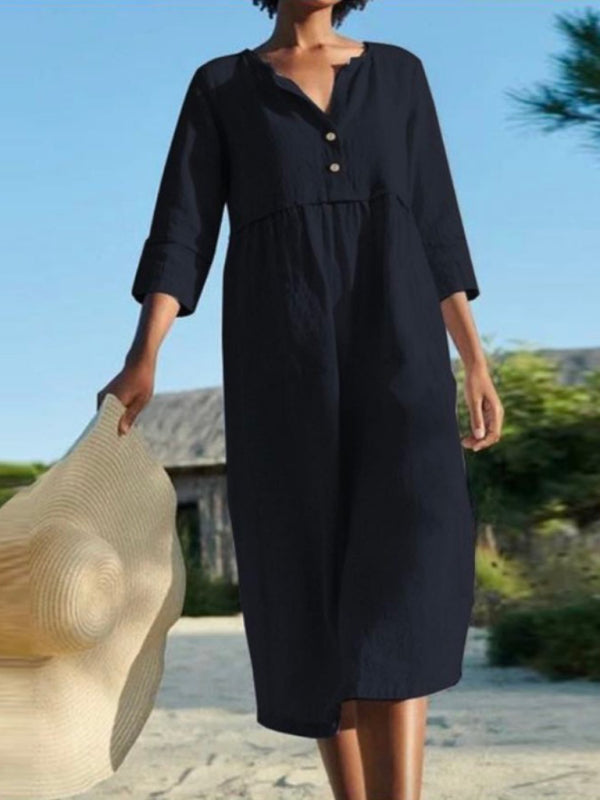 Midi Dresses- Solid Cotton-Linen Relaxed Straight Midi Dress- - Pekosa Women Clothing