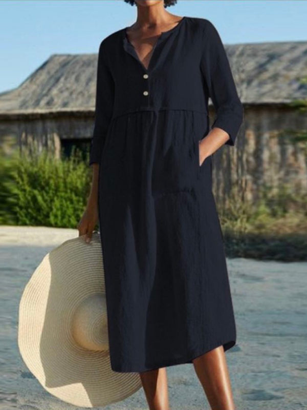 Midi Dresses- Solid Cotton-Linen Relaxed Straight Midi Dress- Black- Pekosa Women Clothing