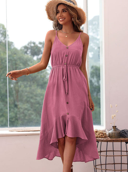 Midi Dresses- Solid Cotton V Neck High-Low Midi Dress with Adjustable Waist- Rose- Pekosa Women Clothing