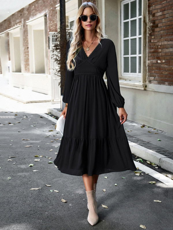 Midi Dresses- Solid Elegant Long Sleeve Tiered Lace V-Neck Midi Dress- - Pekosa Women Clothing