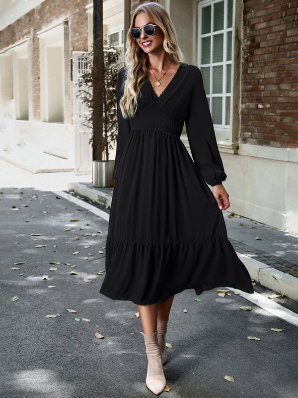 Midi Dresses- Solid Elegant Long Sleeve Tiered Lace V-Neck Midi Dress- - Pekosa Women Clothing