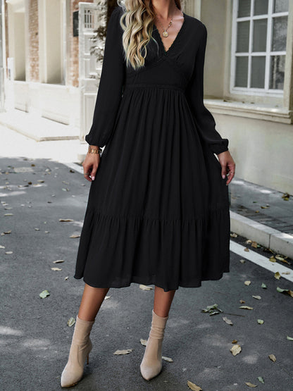 Midi Dresses- Solid Elegant Long Sleeve Tiered Lace V-Neck Midi Dress- Black- Pekosa Women Clothing