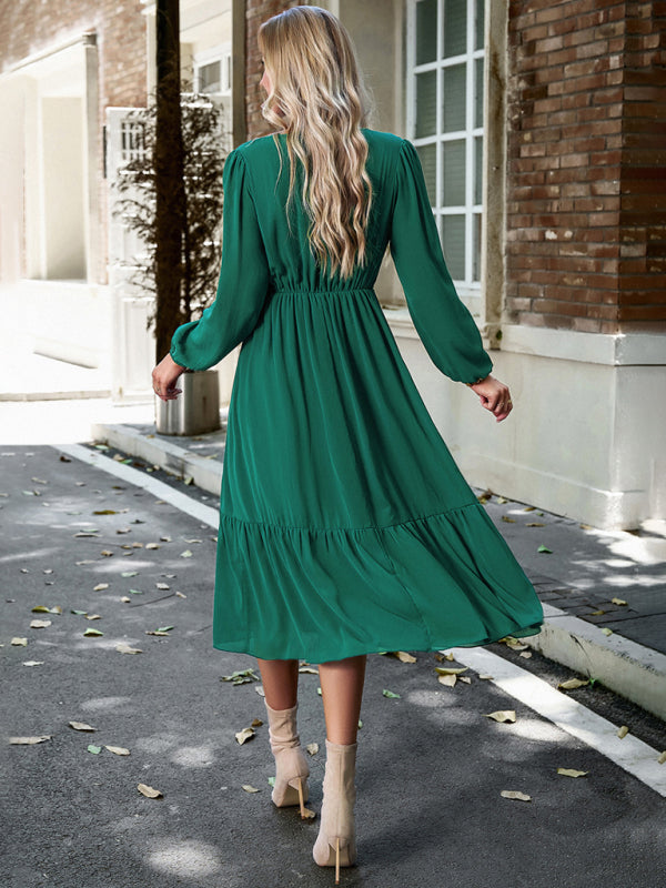 Midi Dresses- Solid Elegant Long Sleeve Tiered Lace V-Neck Midi Dress- - Pekosa Women Clothing