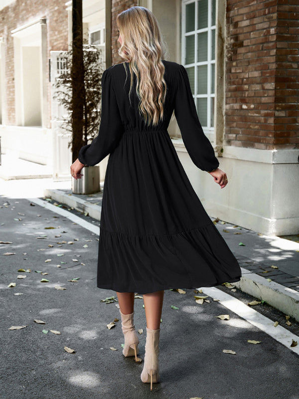 Midi Dresses- Solid Elegant Long Sleeve Tiered Lace V-Neck Midi Dress- - Pekosa Women Clothing