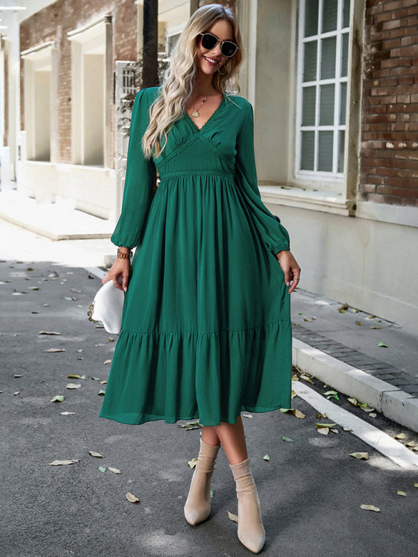 Midi Dresses- Solid Elegant Long Sleeve Tiered Lace V-Neck Midi Dress- - Pekosa Women Clothing