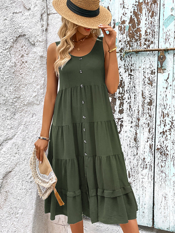 Midi Dresses- Solid Scoop Neck Button Down Tiered Midi Dress for Any Occasion- - Pekosa Women Clothing