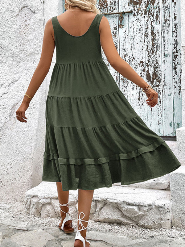 Midi Dresses- Solid Scoop Neck Button Down Tiered Midi Dress for Any Occasion- - Pekosa Women Clothing