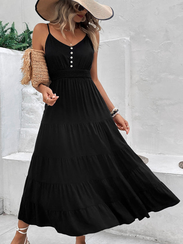 Midi Dresses- Solid Sleeveless Cami Midi Dress with Smocked Waist- Black- Pekosa Women Clothing