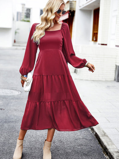 Midi Dresses- Solid Smocked Back Square Neck Long Sleeve Dress- - Pekosa Women Clothing