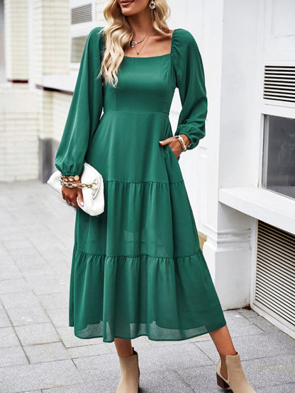 Midi Dresses- Solid Smocked Back Square Neck Long Sleeve Dress- Green- Pekosa Women Clothing