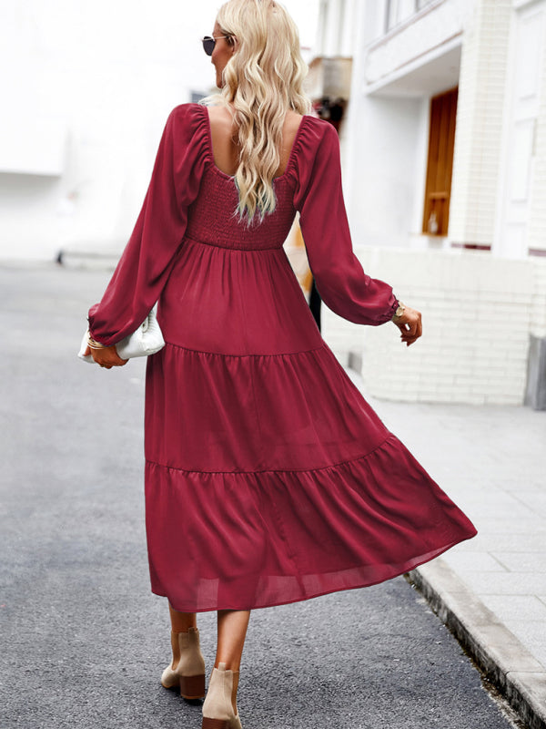 Midi Dresses- Solid Smocked Back Square Neck Long Sleeve Dress- - Pekosa Women Clothing