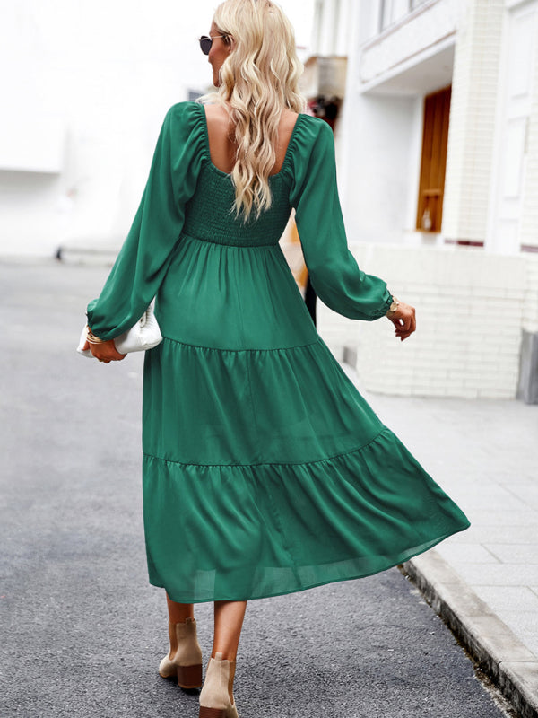 Midi Dresses- Solid Smocked Back Square Neck Long Sleeve Dress- - Pekosa Women Clothing