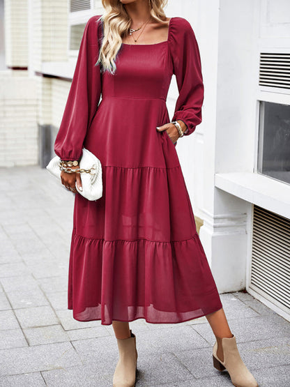 Midi Dresses- Solid Smocked Back Square Neck Long Sleeve Dress- Wine Red- Pekosa Women Clothing