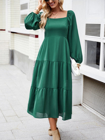 Midi Dresses- Solid Smocked Back Square Neck Long Sleeve Dress- - Pekosa Women Clothing