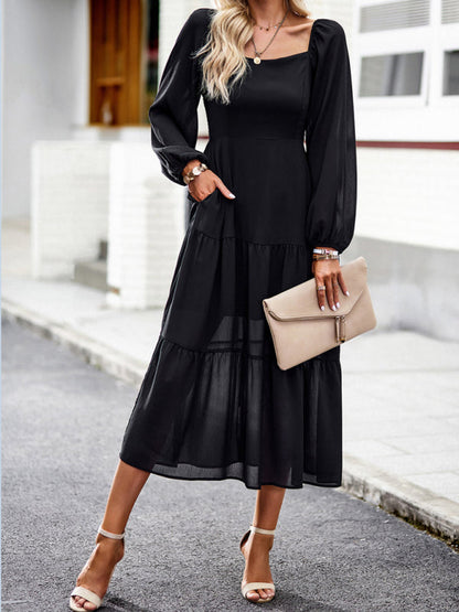 Midi Dresses- Solid Smocked Back Square Neck Long Sleeve Dress- Black- Pekosa Women Clothing