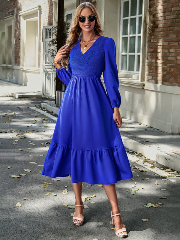 Midi Dresses- Solid Surplice Shirred V-Neck Long Sleeve midi Dress- Blue- Pekosa Women Clothing