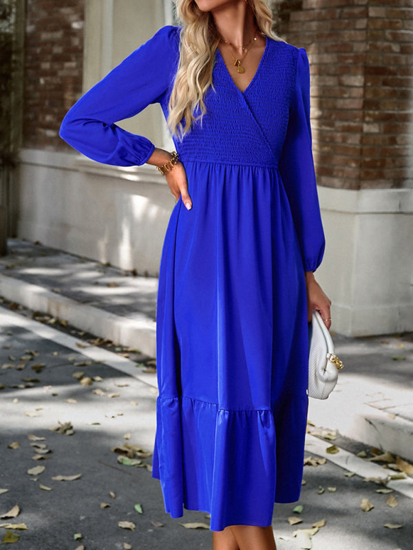 Midi Dresses- Solid Surplice Shirred V-Neck Long Sleeve midi Dress- - Pekosa Women Clothing