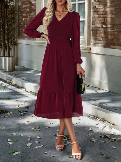 Midi Dresses- Solid Surplice Shirred V-Neck Long Sleeve midi Dress- Wine Red- Pekosa Women Clothing